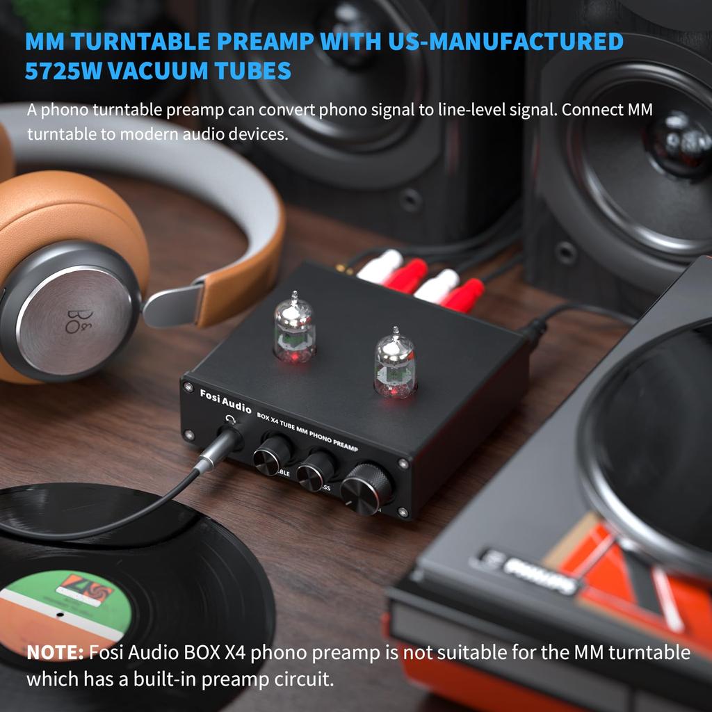 Fosi Audio BOX X4 Phono Preamplifier Headphone Amplifier with 6J1 Vacuum Preamplifier for MM Turntables and Preamplifier for Record with and Treble