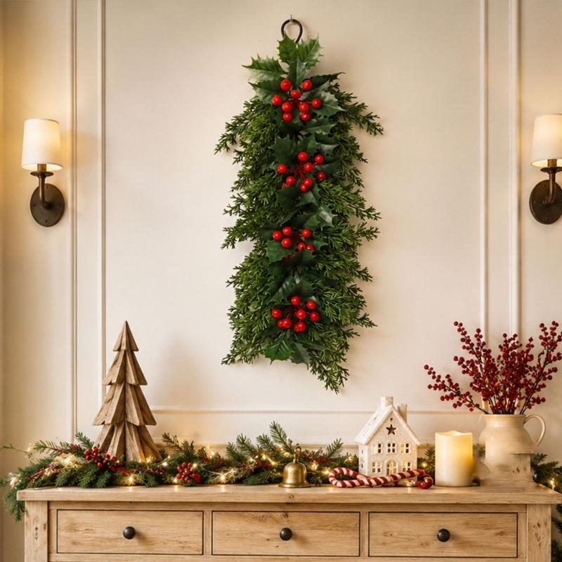 Indoor Seasonal Wall Decoration for Christmas Display with Artificial Plant Red Fruit Detail and Hanging Loop Placement Use