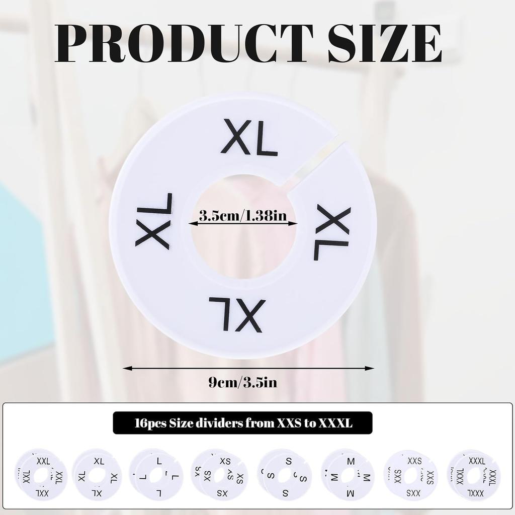 16 Pcs Clothing Size Dividers,Size Rings for Clothing Racks Round White Plastic Clothings Sizes Closet Rack Dividers Hangers Pre-Labeled (XXS-XXXL)