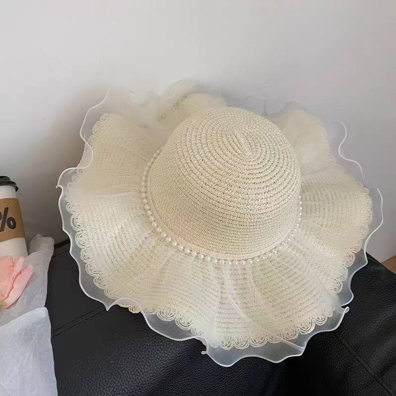 Lace Bow Straw Hat Women's Summer French Large Brim Sunscreen Hat Seaside Beach Vacation Sun Hat