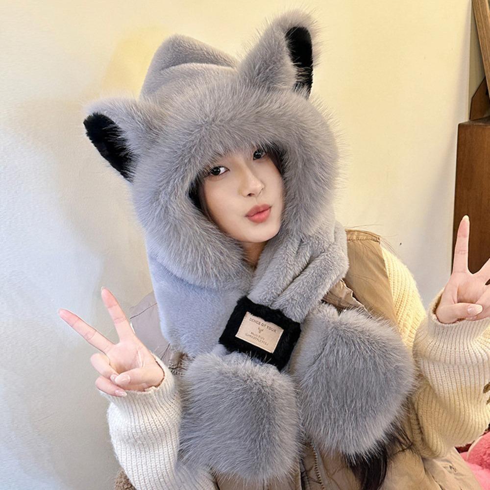 Two-Piece Set Plush Bear Hat Scarf Thickened Neck Warmer Hat Cute Ear Protection Hooded  Winter
