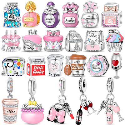 925 Silver Cute Cartoon Pendant Beads Wine Bottle Pink Cake Perfume Charms For Girl DIY Bracelet Fine Jewelry