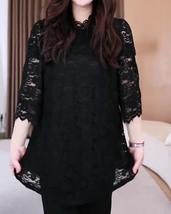 

Весна/Лето 2025 Корейский кружевной повседневный топ - Рубашка темпераментного кроя большого размера для женщин среднего возраста 6XL (220-240 jin) чёрный