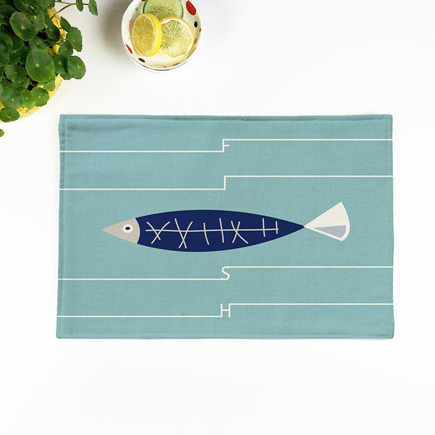Linen Placemat Table Mat Fish Print Nordic Pads For Kitchen Dining Table Disc Pads Bowl Coasters Home Decor 44x28cm 2/4/6pcs