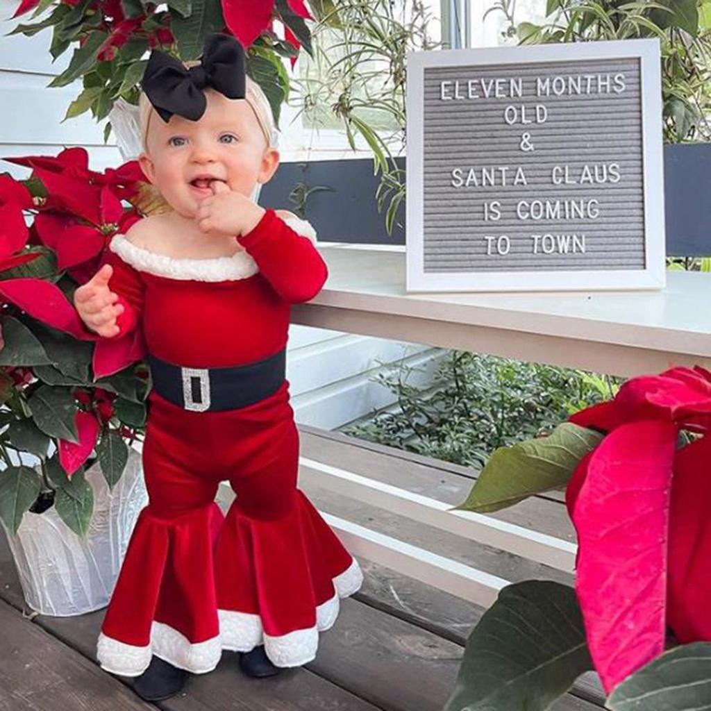 Festive Christmas Kids Girls Plush Flared Pants Suit With Santa Hat Tree Hat