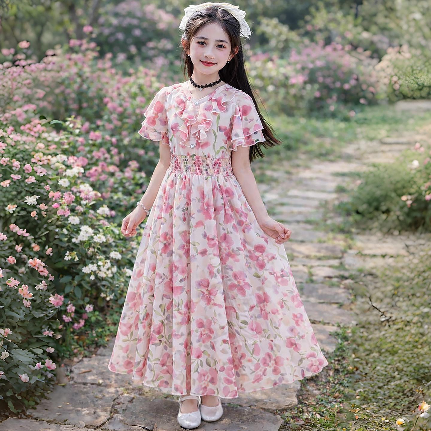 Girls Summer 2026 Chiffon Floral Dress - Little Princess Beach Outfit 110 cm