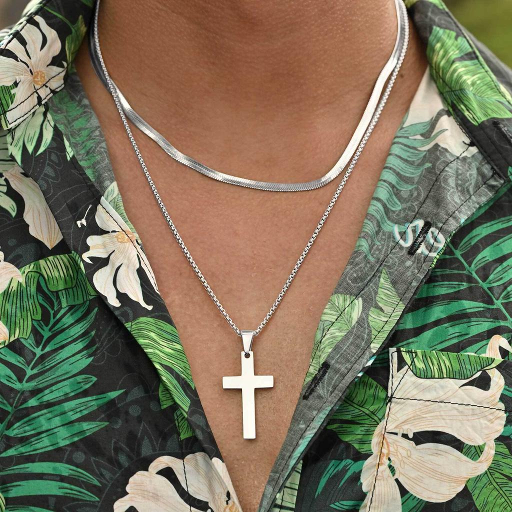 Vnox Men's Classic Cross Pendant Necklace, Stainless Steel Rope Cuban Blade Chain, Handsome Layered Neck Chains