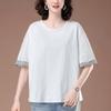 Women's Summer Plus Size Loose Fit All-Cotton Patchwork T-Shirt - Short Sleeve, Color Block, Middle-Aged Style