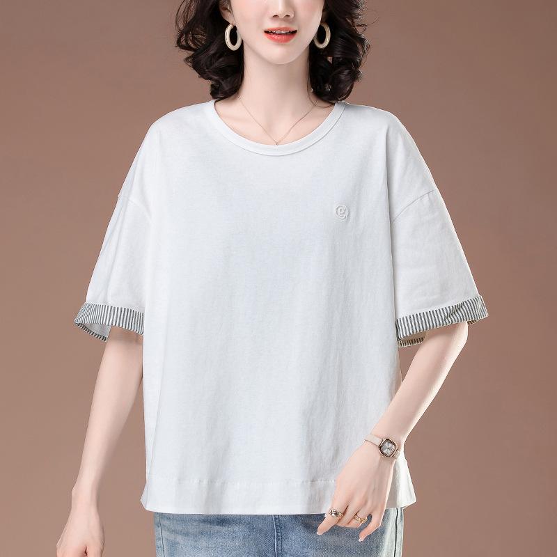 Women's Summer Plus Size Loose Fit All-Cotton Patchwork T-Shirt - Short Sleeve, Color Block, Middle-Aged Style