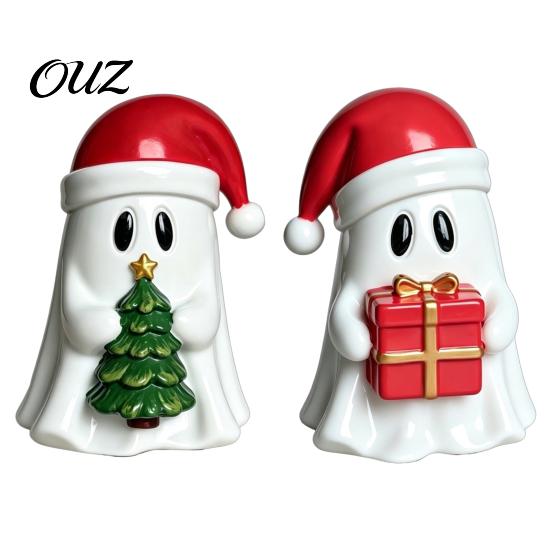 Artistic Desktop Atmosphere Decor Christmas Ghost Resin Figurine, Cute with Santa Hat Holding Gift Box Decorative Pieces for Parties & Tree,
