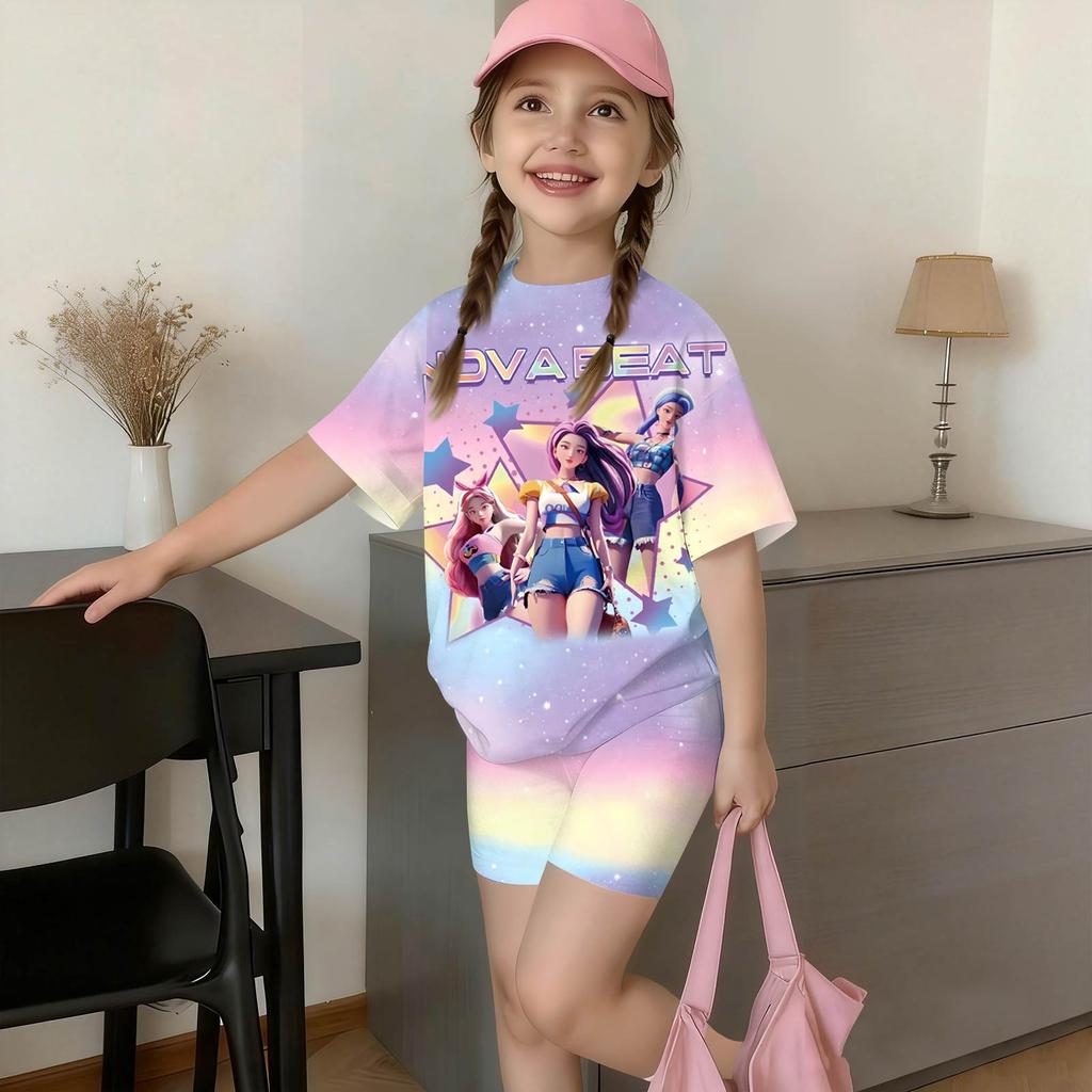 Girls Long Sleeve Printed Loose Casual Round Neck Top and Shorts Set Kids Comfortable Two Piece Outfit Suitable for Daily Wear