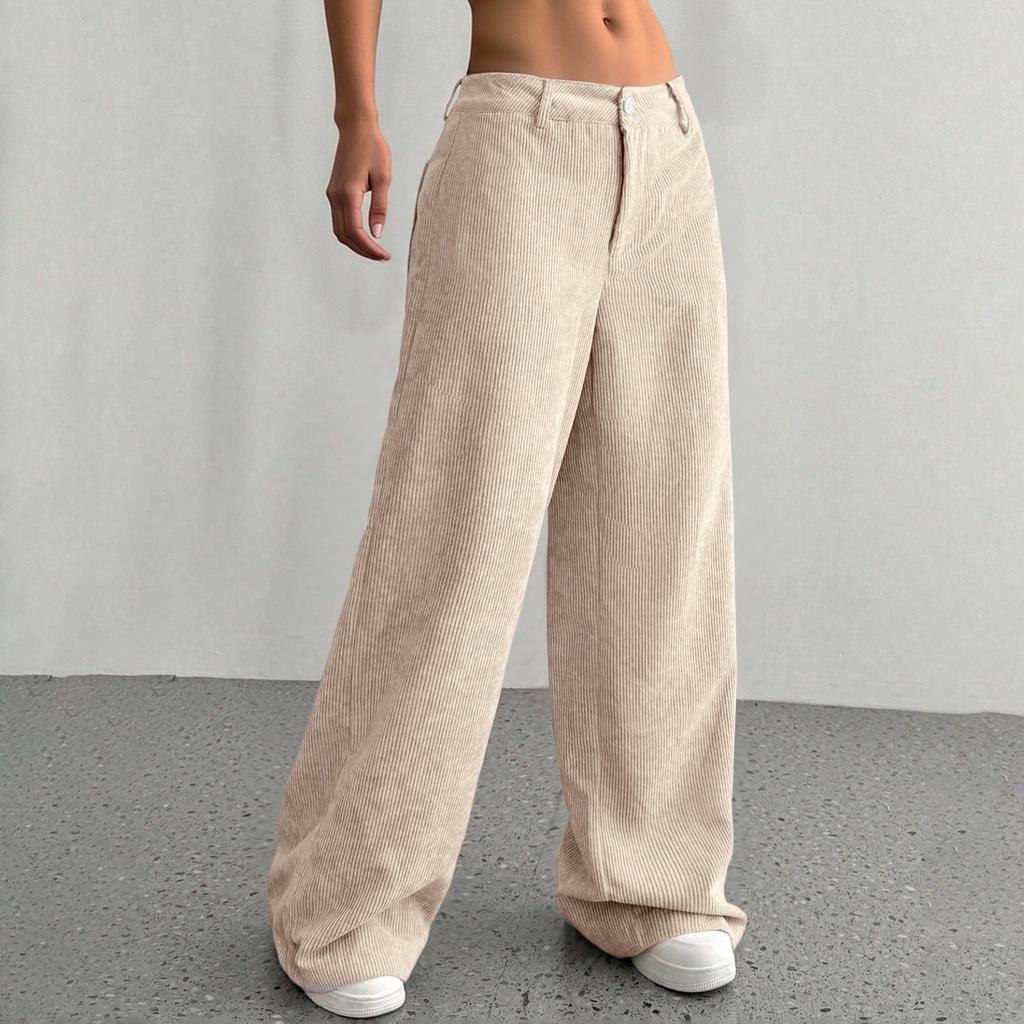 Corduroy Pants For Women Casual Elastic Waist Straight Leg Pants Loose Comfy Trousers With Pockets