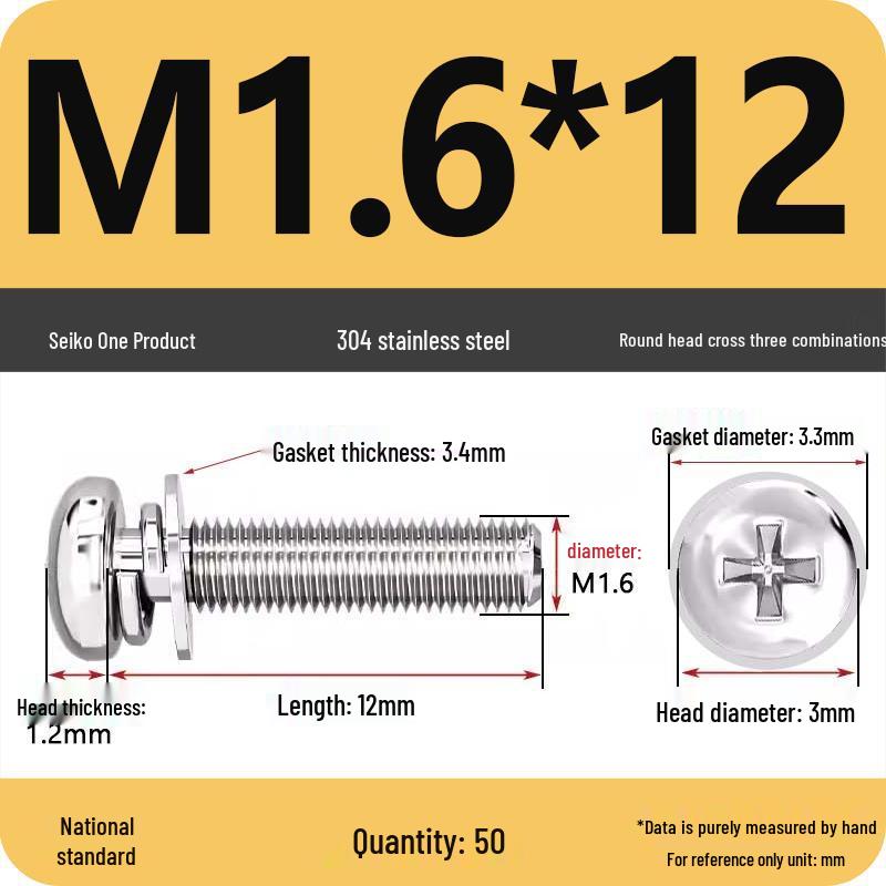 304 Stainless Steel Round Head Phillips Screw with Flat Washer (Sizes M3, M4, M5, M6)