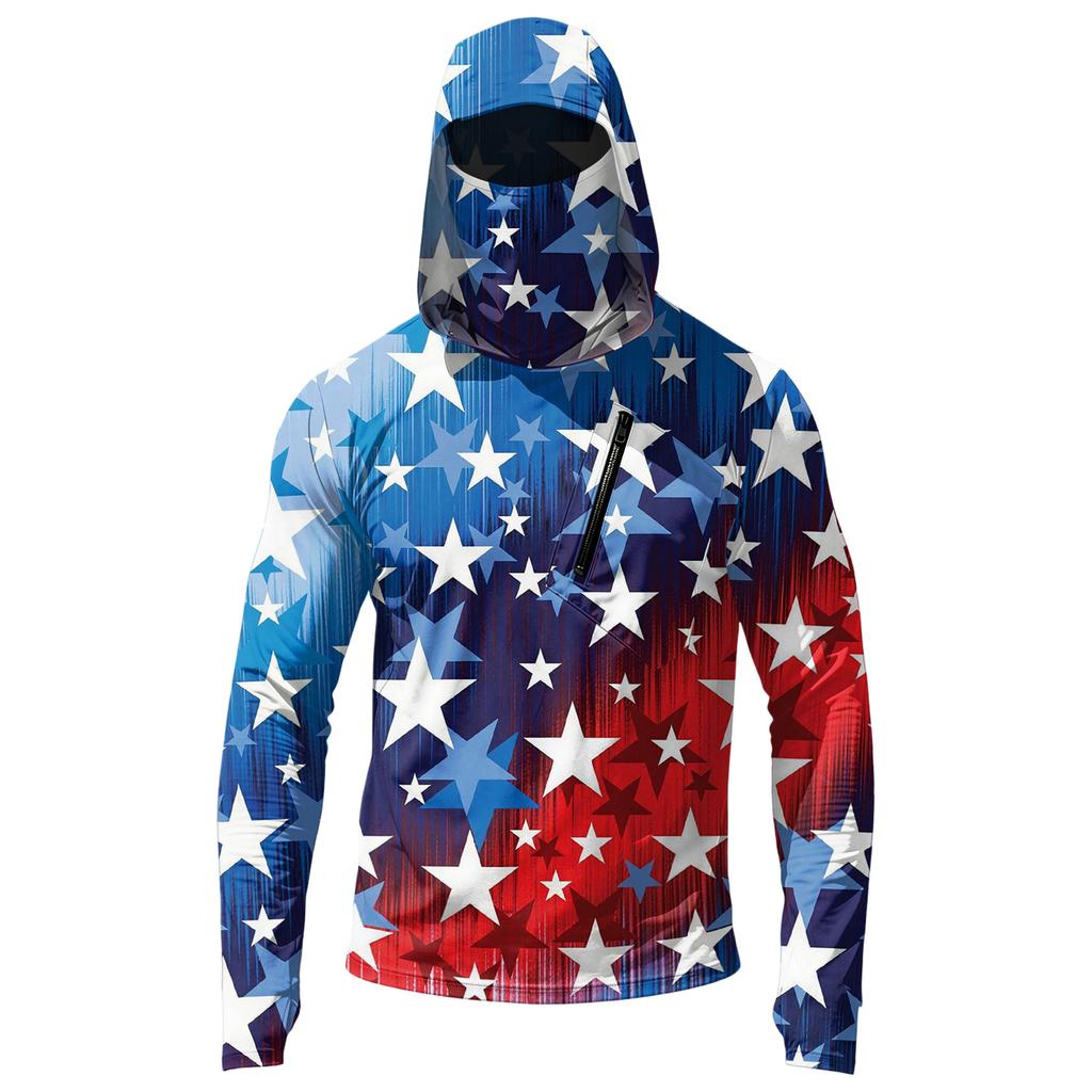 Men's Casual Hooded Long Sleeve Sun Protection Top with Independence Day Print Star Pattern Pullover Lightweight Shirt