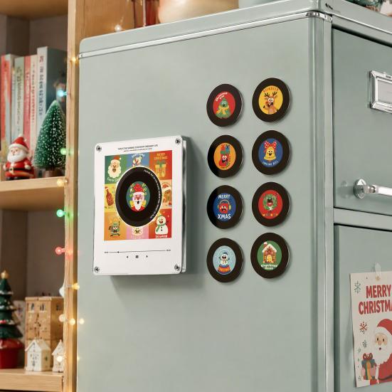 Vintage Style Desk Accessory Programmable Vinyl Record Player Fridge Magnet with 9 NFC Music Records, Retro Aesthetic Magnetic Office Atmosphere Decor