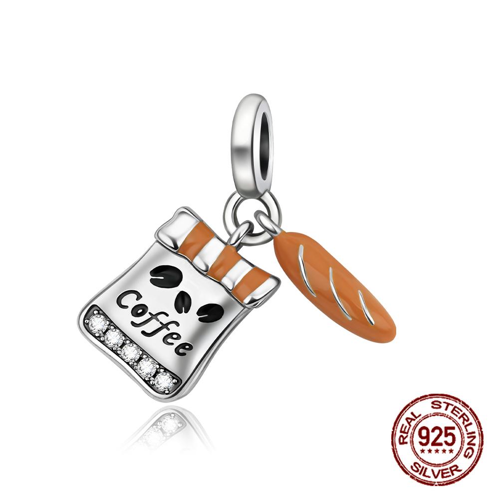 

copper Coffee Bean and Baguette Bread Pendant Charm Compatible With Authentic Charm Bracelets Women Do It Yourself Jewellery Gift
