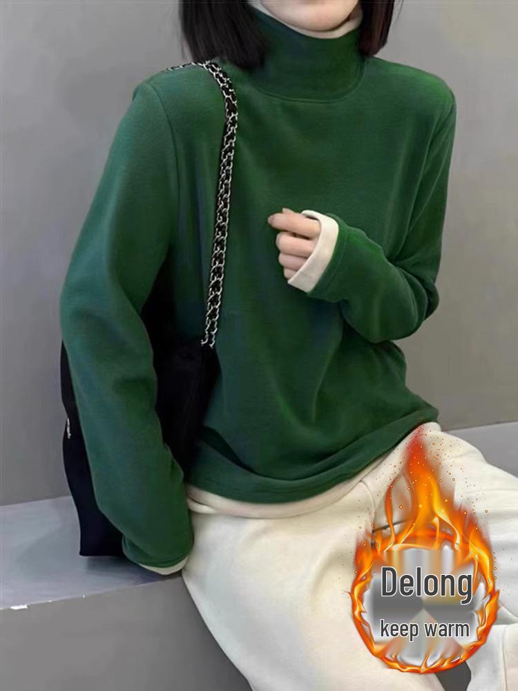 

Женская велюровая облегающая рубашка с высоким воротником и длинными рукавами в стиле колор-блок - Дизайн «двойка» для осени/зимы M зелёный