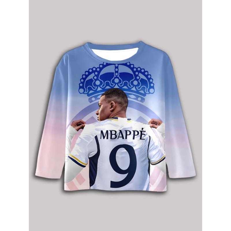 Spring and Autumn Round Neck 3D Football Star Kylian Mbappé Pattern Printed Top Fashionable Casual Long Sleeved Children's Boy T-shirts