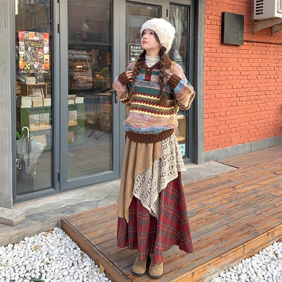 DIMANAF 2025 Autumn Spring Women New Skirts Plaid Loose Elastic Waist Pleated Elegant Long Skirts