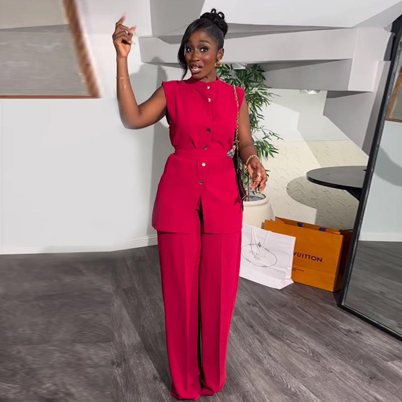 Costum cu pantaloni largi de vară pentru femei, cu guler în picioare, fără mâneci, în talie