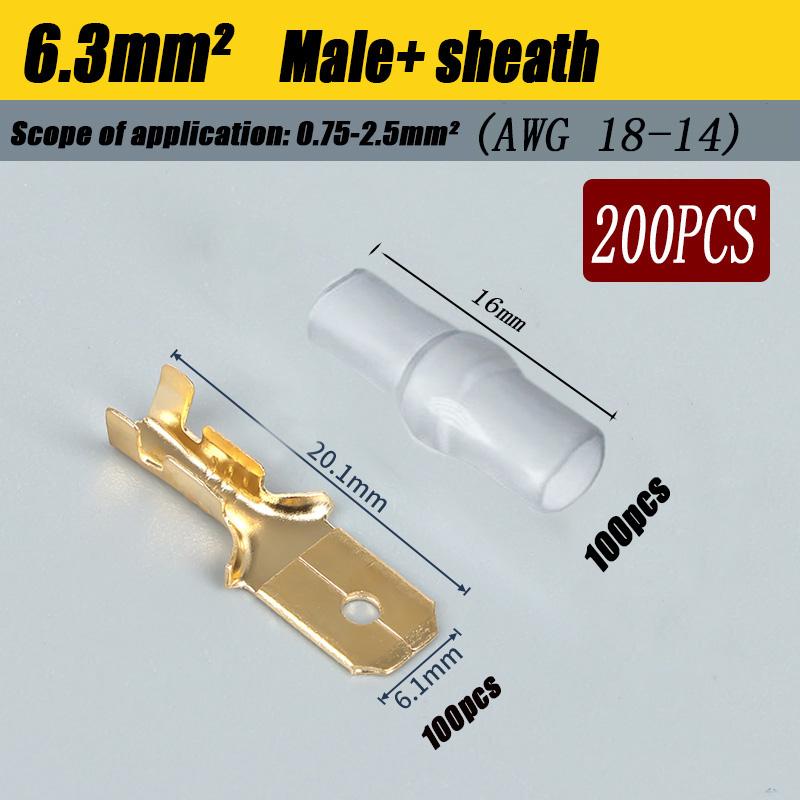 200Pcs Copper Female and Male Crimp Terminal Connectors Aautomotive Speaker Cable Flag Connector 2.8/ 4.8/ 6.3mm With Sheathing