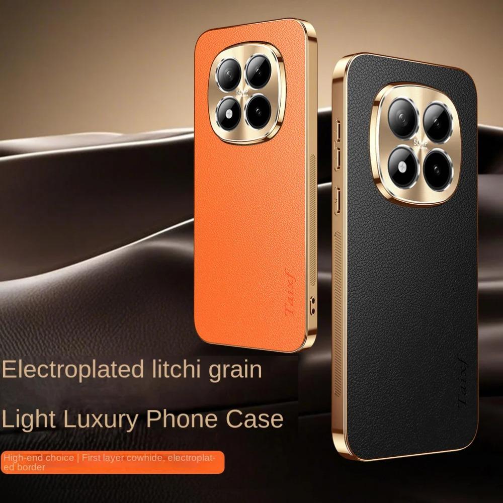 Luxury Premium Plating Glossy Edge Leather Case For Redmi Note 15 Pro 14 Pro Plus 4G Camera Raised Full-protect Shockproof Cover