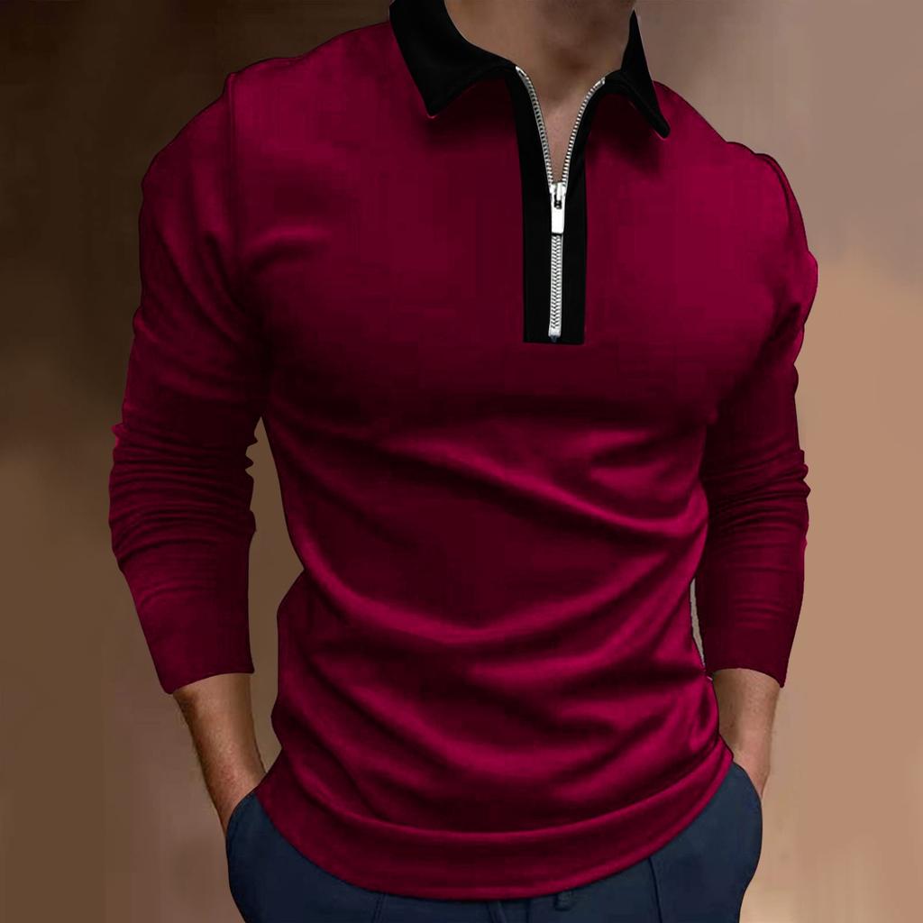 Men's Fashion Zipper Stitched T-Shirt Long Sleeve Lapel Pullover Top Blouse