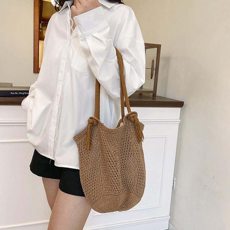 Portable Bohemian Knitted Shoulder Bag Hollowed Out Solid Color Casual Woven Handbag Sweet Soft Crochet Tote Bag CLE
