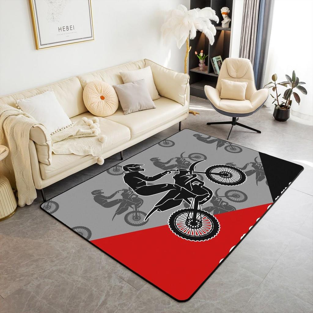 Teen Dirt Bike Area Rug for Living Room Motocross Rider Floor Mat Motorbike Extreme Sport Carpet Snow Mountain Landscape Doormat