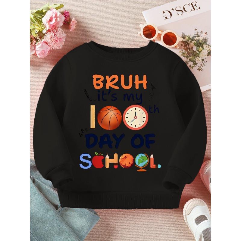 Kids Sweatshirt Round Neck Sweatshirt Spring Autumn 100 Days of School Commemoration Cartoon All-Match Print Casual Sweatshirt
