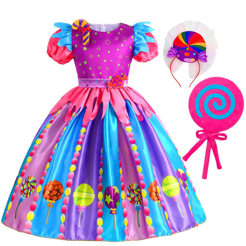 Purim Festival Suspender Rainbow Dress For Girl Candy Lollipop Costume Party Gift Candy Dress + Lollipop Accessories Suit