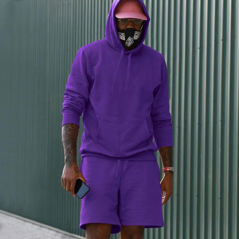 Men's Fleece Hoodie Shorts Two-piece Loose Solid Color Casual Sports Men's Suit