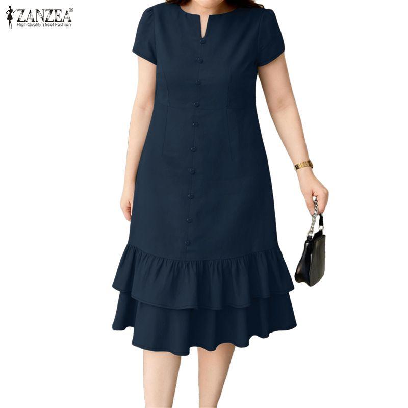 ZANZEA Women Casual V-Neck Short Sleeve Ruffles Hem Dress