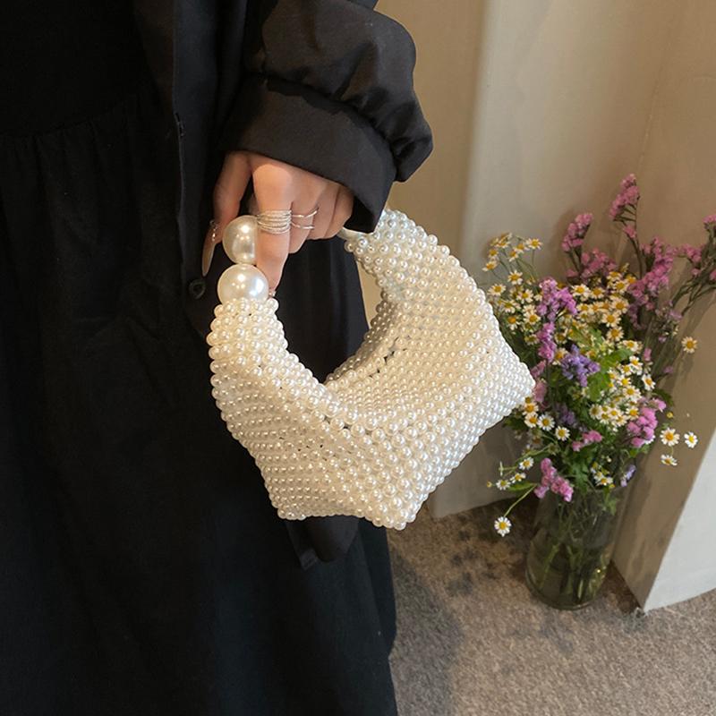 Luxury Pearl Beading Woven Handmade Hobo Bag Fashion Women Handbag Evening Bag Wedding Party Shoulder Crossbody Bag