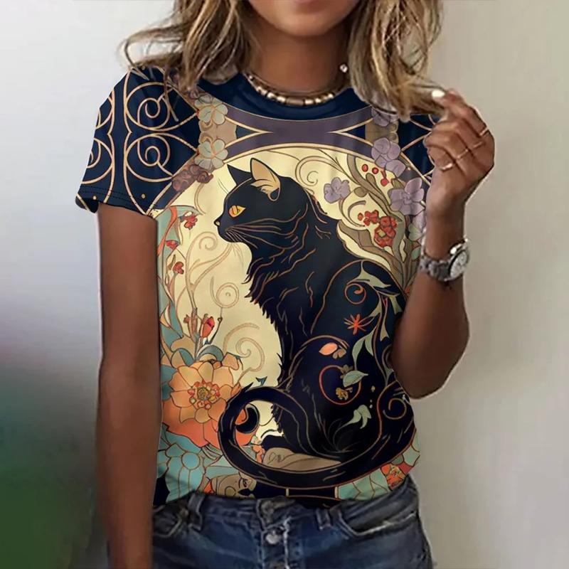 Summer O-Neck Short Sleeve Women's T-Shirt 3d Printed Black Cat Pattern T-Shirt Pullover Top Fashion Street Female Clothing 2024