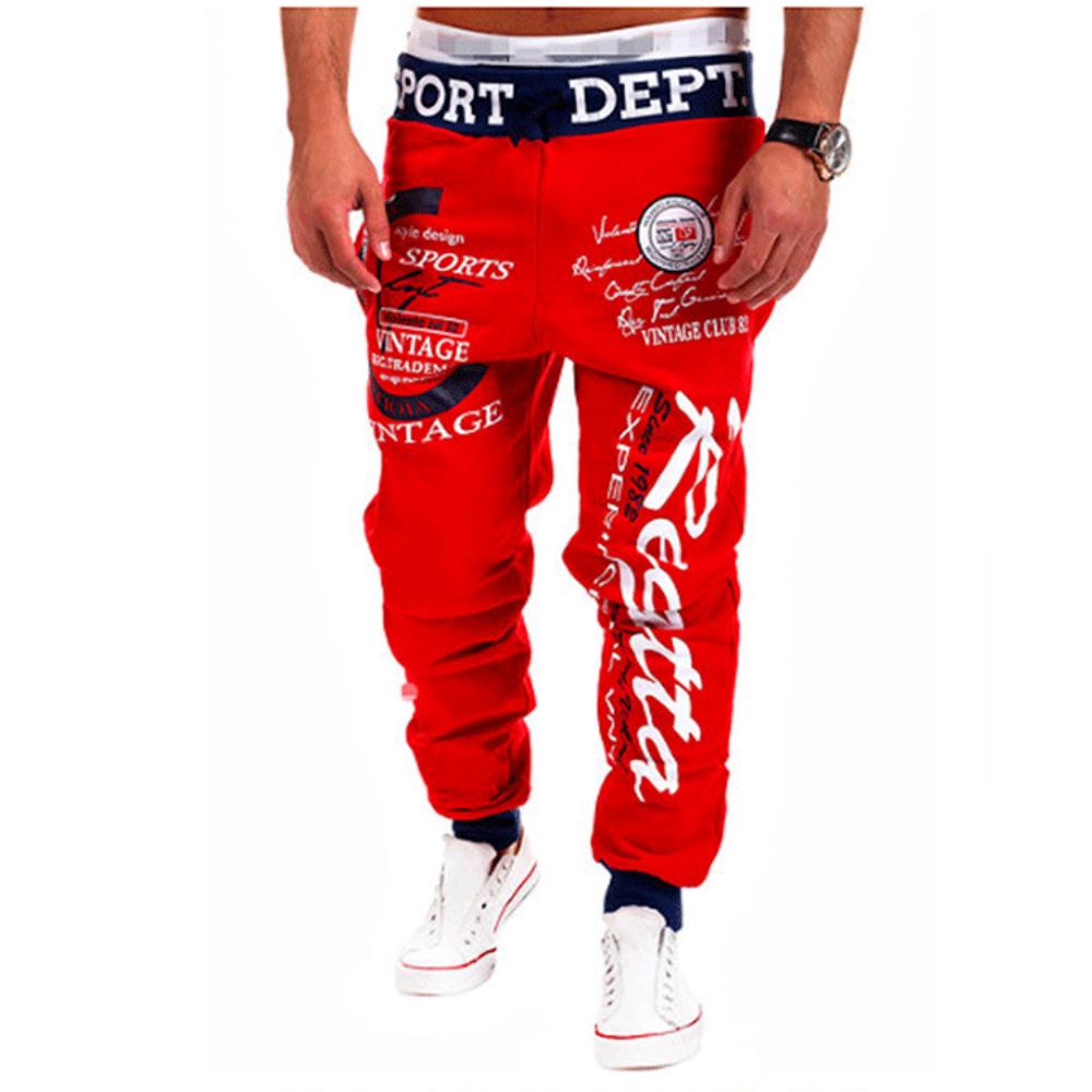 Men Outdoor Sports Casual Pants Letter Printed Contrast Color Fashion Sweatpans Drawstring Loose Trousers Elastic Waist Workout Fitness