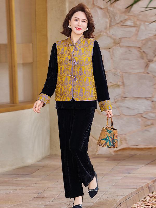 Elegant Gold Velvet Suit for Middle-Aged Women - Spring/Autumn Vest Top, Perfect for Mother-in-Law Wedding Banquet