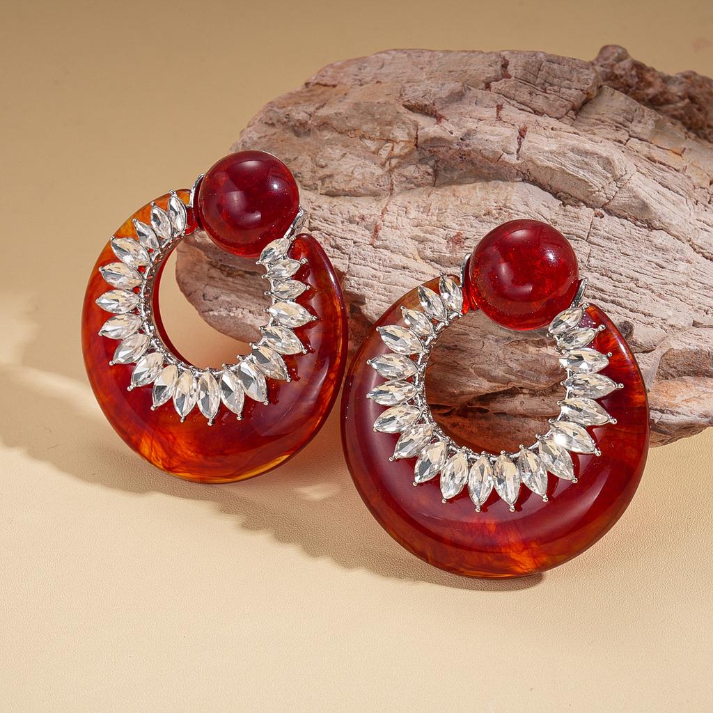 Diamond-encrusted resin hollow round silver needle earrings personalized versatile retro earrings