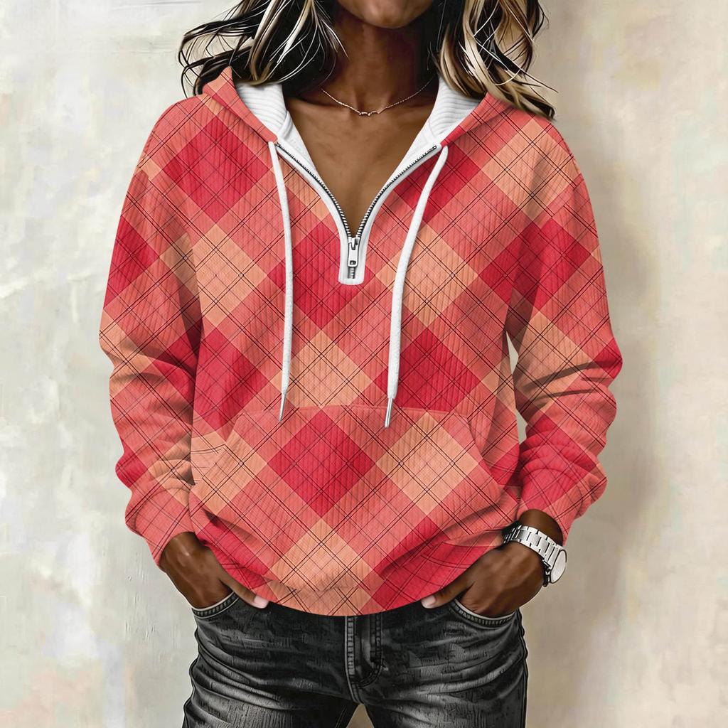 Women's Long Sleeve Drawstring Hoodie with Striped Plaid Print Pullover Sweatshirt