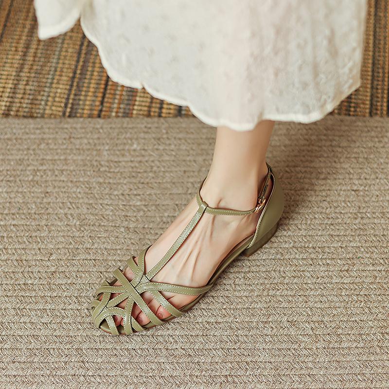 Chaussures Sandale Femme 2026 Nouvelle Femme Filles Beige Nouvelle Été Confort Bas Rétro Bride Arrière Carré Talon Caoutchouc PU Chaussures Femmes