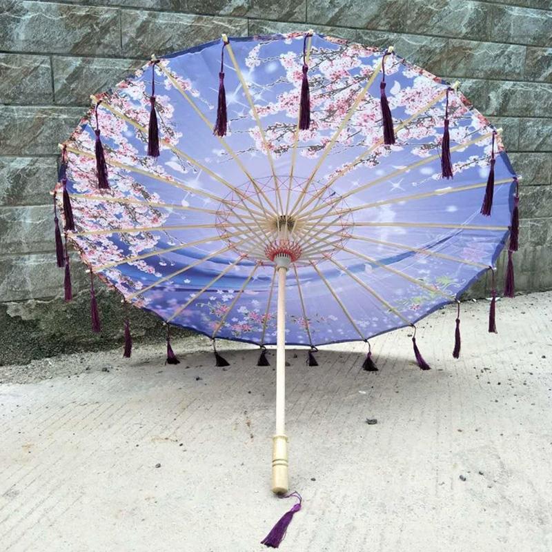 1PC with Tassel Classical Women's Umbrella for Hanfu Accessories Satin Cloth Photograph Props Fairy Ancient Parasol