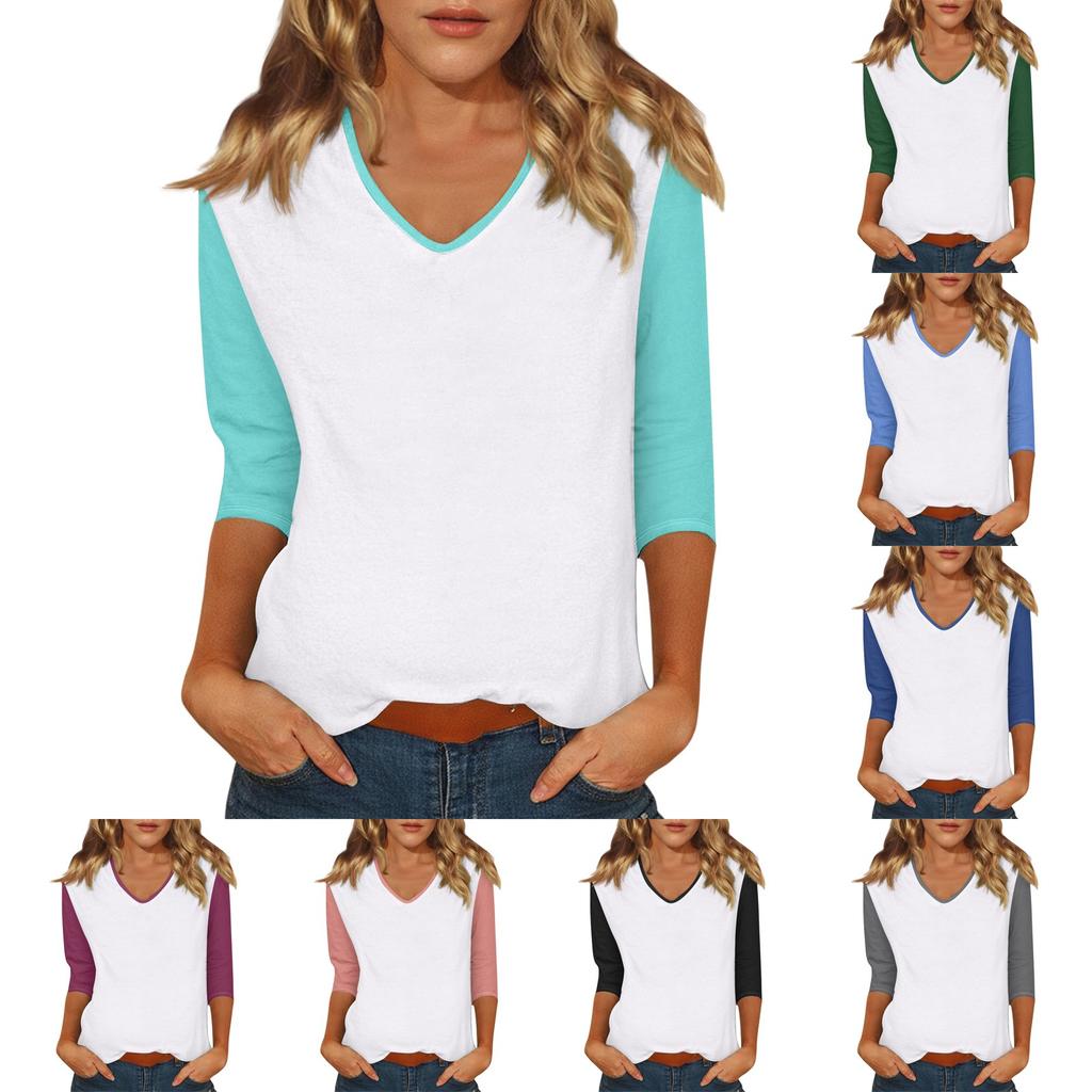 Women's Casual Fashion Sexy Comfortable V-neck Stitching Color Three-quarter Sleeve Top