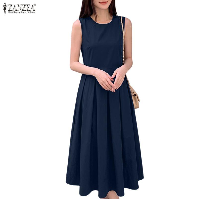 ZANZEA Women Casual Round Neck Solid Color Sleeveless Tank Dress