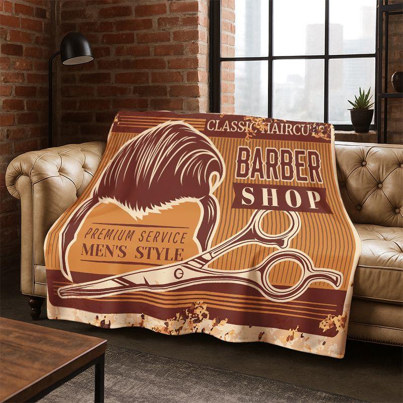 Vintage Barber Shop Logo Cartoon Flannel Blanket Soft Warm Throw Blanket for Bedroom Living Room Bed Travel Camping Picnic Gift