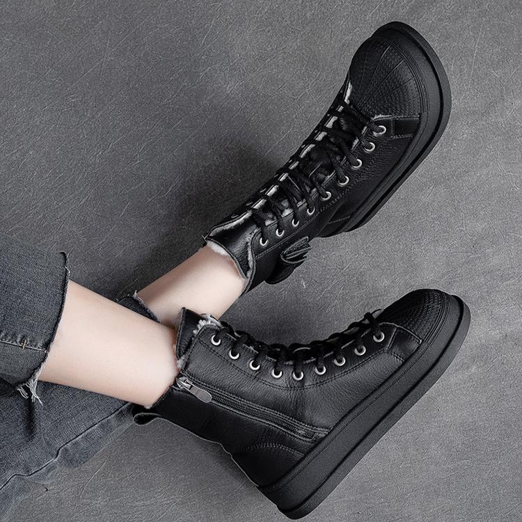 Johnature Winter Plüsch Warme Baumwollstiefel Echtes Leder Runde Zehen Dickbesohlte Kurze Damenstiefel