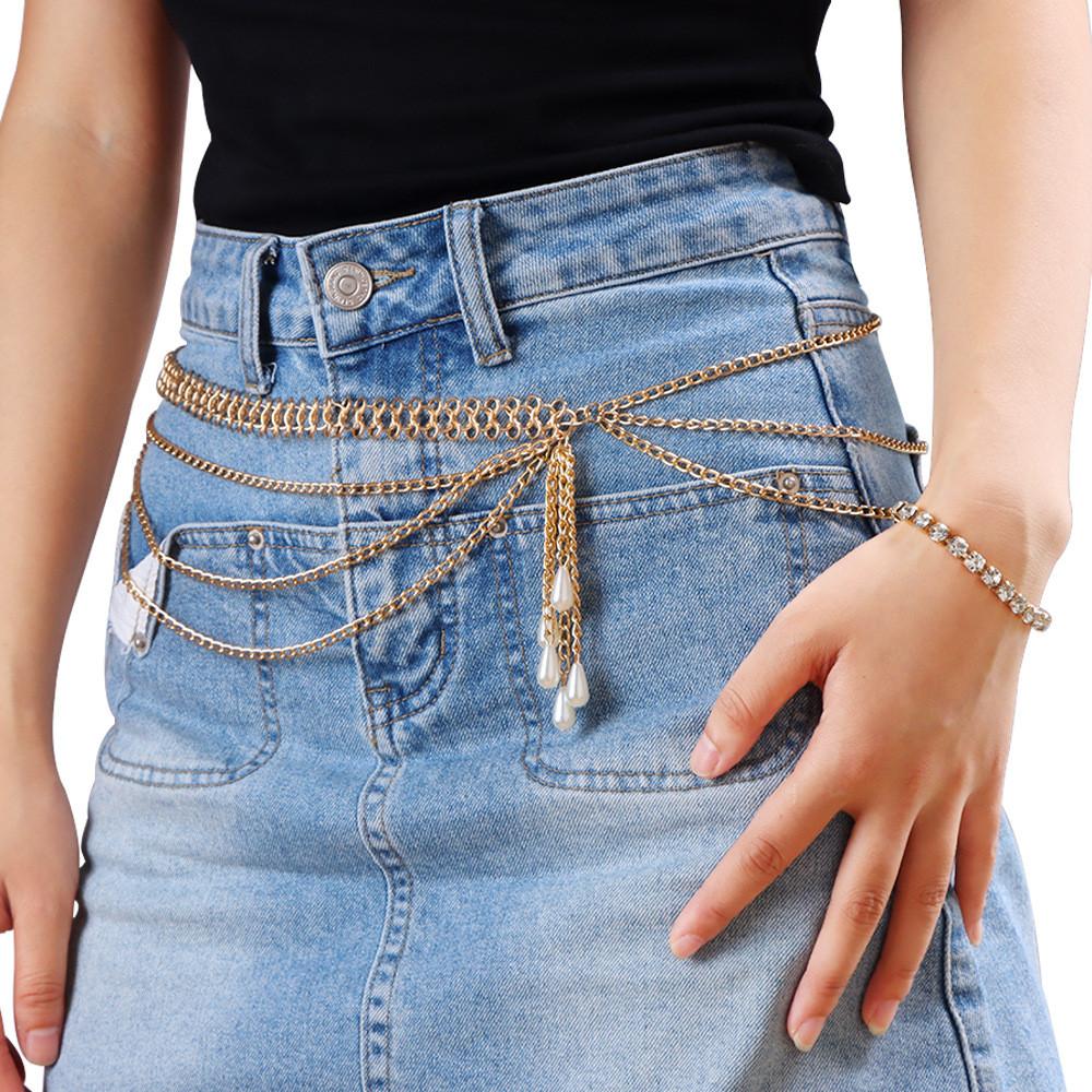 Female Summer Gold Pearl Multilayer Body Chain With Lobster Clasp For Fashion Trendy Wear
