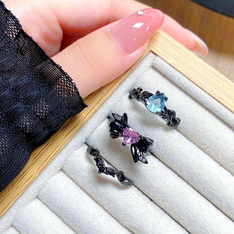 Dark Punk Personality Bow Love Zircon Stacked Open Ring Niche Genderless Style High Sense Ring