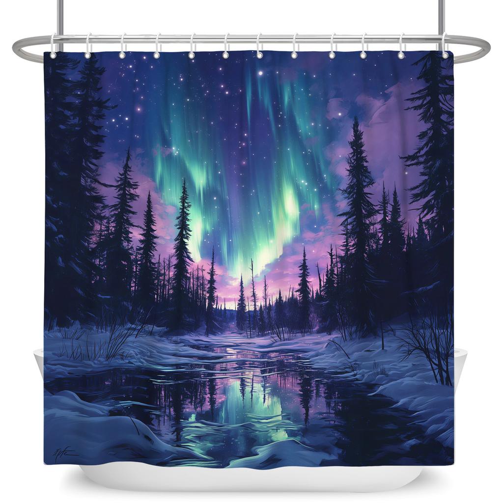Dreamy Starry Sky Theme Modern Bathroom Curtain Aurora Planet Galaxy Moon Waterproof Polyester Shower Curtain Decor With 12 Hook