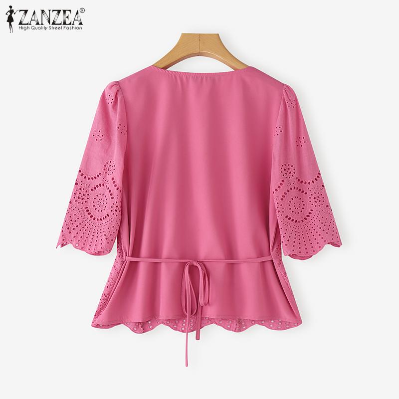 ZANZEA Women Casual V-Neck 3/4 Sleeve Loose Crochet Patchwork Blouse