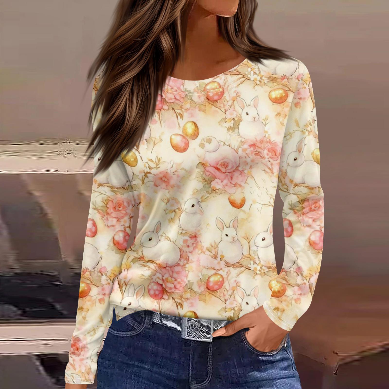 

Women s Fashion Casual Slit Hem Round Neck Long Sleeve Loose Printed T-Shirt Ladies Top XL рожевий